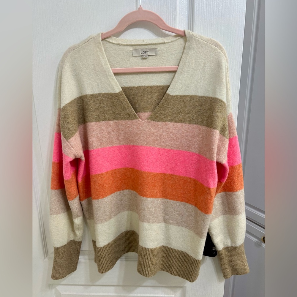 LOFT Pink striped v neck sweater